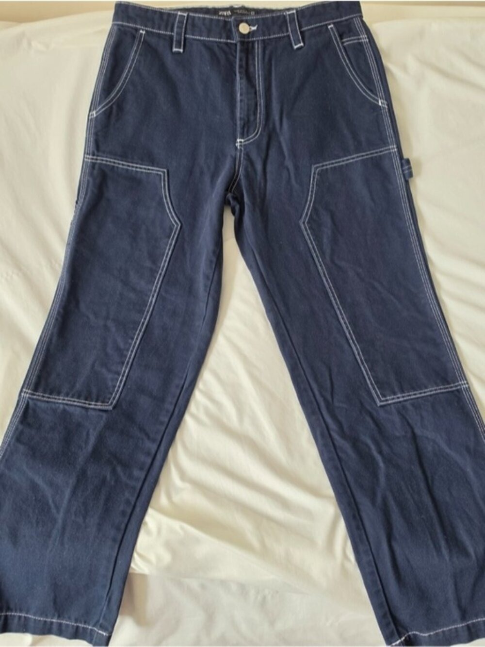 Zara High-Rise Carpenter Pants Contrast Stitch  Navy Utility Streetwear Size 31